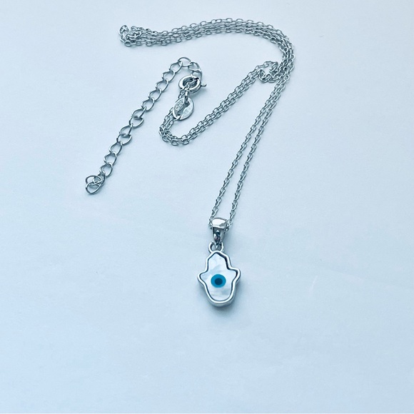 Sterling Silver Mother of Pearl Blue Evil Eye Hamsa Necklace, Silver Necklace - Picture 6 of 11